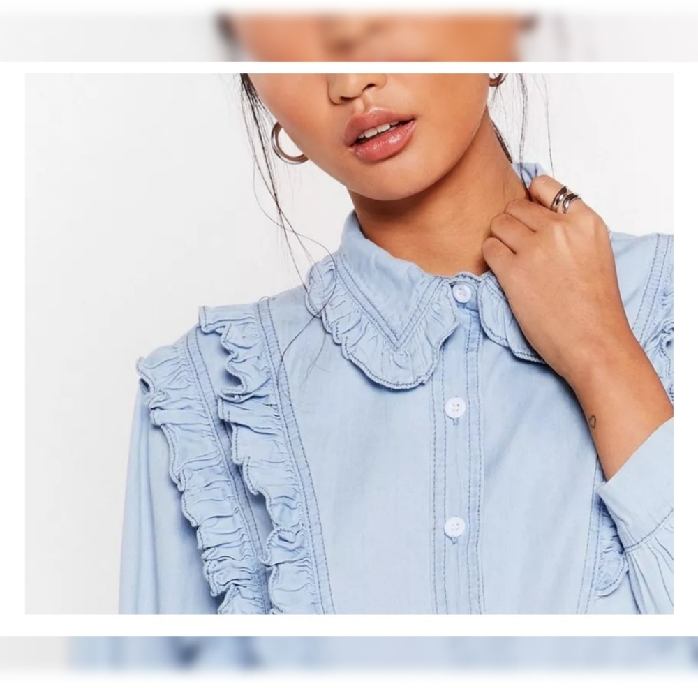NWT Nasty Gal Chambray Ruffle Button Down